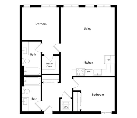 Floor plan for 2 beds, 2 baths, 895 sqft